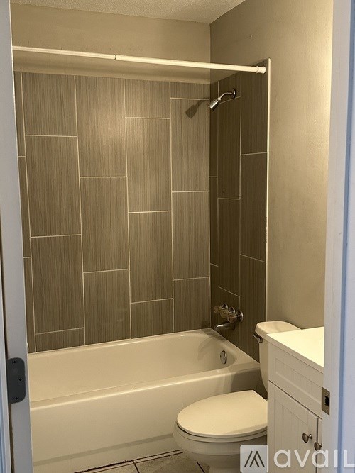 A bathroom with a white toilet and a tiled shower.