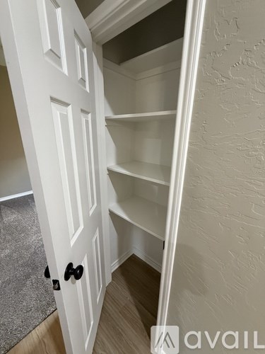 A white door with a black handle is open to a hallway with a carpeted floor.