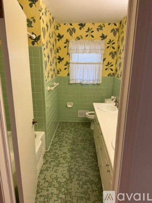 A bathroom with green tiles and a white sink.