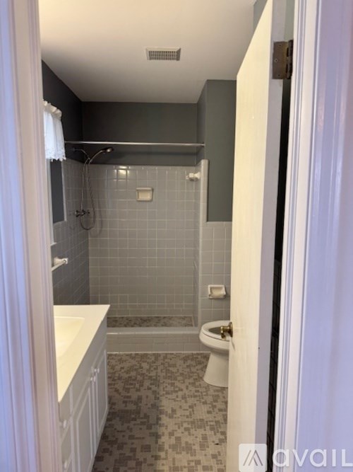 A bathroom with a white toilet and a shower.