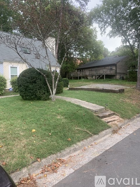 A tree in a yard with a house in the background.