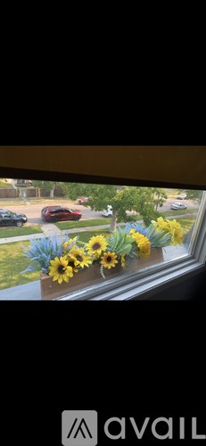Sunflowers on a windowsill with a view of a street.
