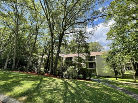A green lawn in front of a building.