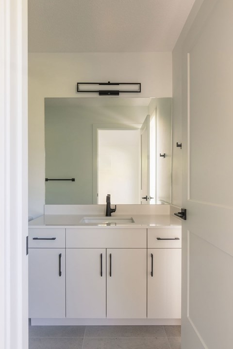 A bathroom with a sink and a mirror.