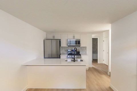 A kitchen with a white countertop and a microwave above it.