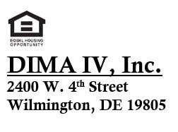 A logo for Equal Housing Opportunity is above the name DIMA IV, Inc. and the address 2400 W. 4th Street Wilmington, DE 19805.
