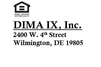 A black and white image of a company named DIMA IX, Inc. located at 2400 W. 4th Street, Wilmington, DE 19805.