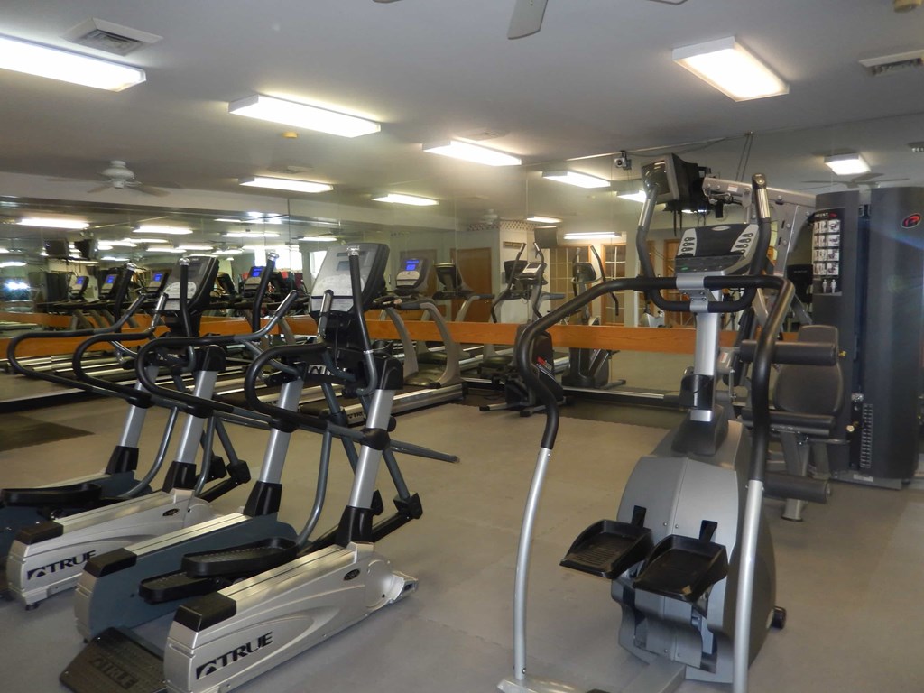 A gym with a variety of exercise equipment including treadmills and stationary bikes.