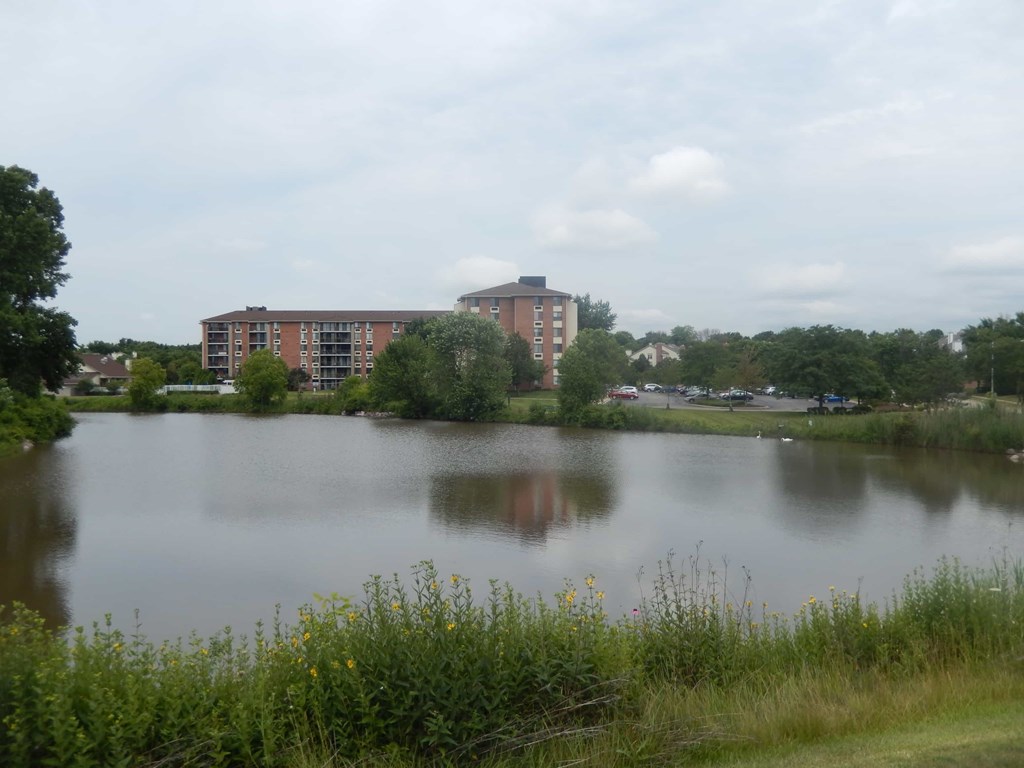 A large building sits behind a lake with trees and grass in the foreground.