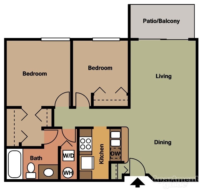 A floor plan of an apartment with two bedrooms, a living room, a dining area, a kitchen, a bathroom, and a patio/balcony.