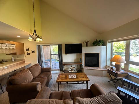 A living room with a brown couch and a coffee table.