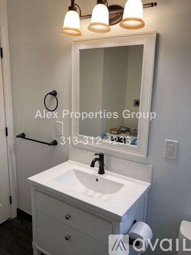 A bathroom with a white sink and a mirror above it.