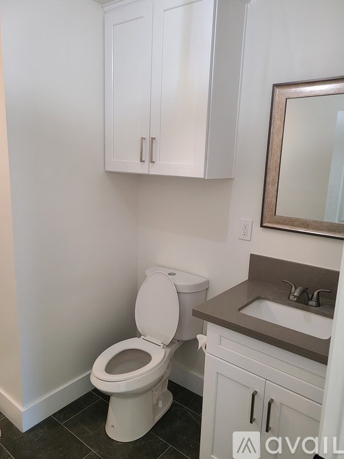 A white toilet sits in a bathroom with a white cabinet and a mirror above the sink.