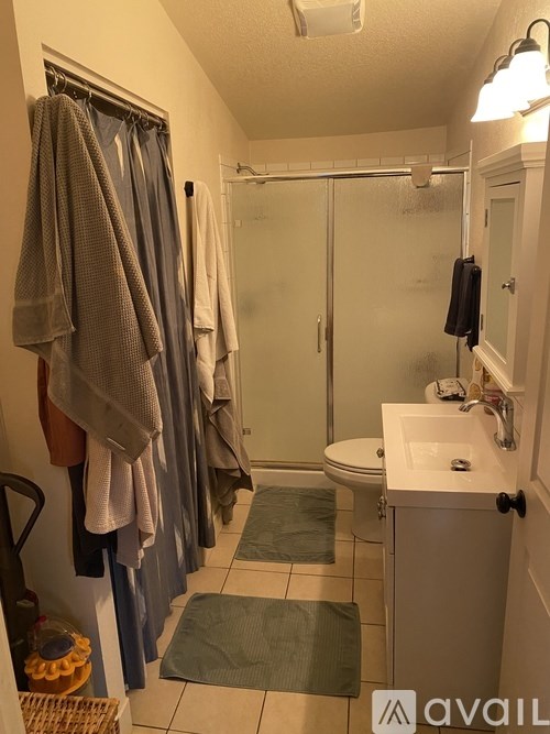 A bathroom with a towel hanging on the wall.