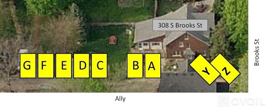 A satellite image shows a house at 308 S Brooks St with the letters GFEDC and BA superimposed on it.