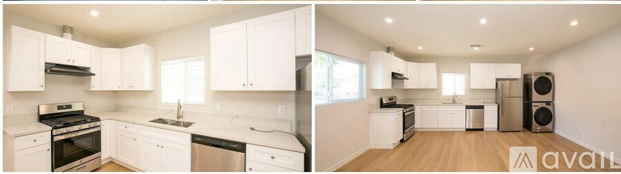 A kitchen with white cabinets and appliances.