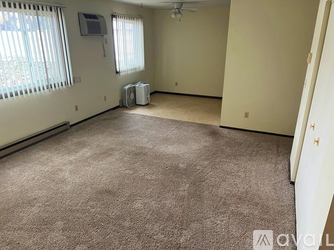 A room with a carpeted floor and a ceiling fan.