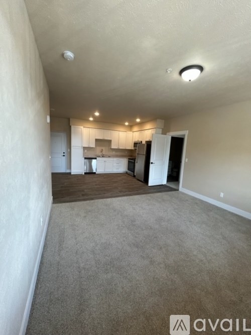 A spacious living room with a kitchen in the background.