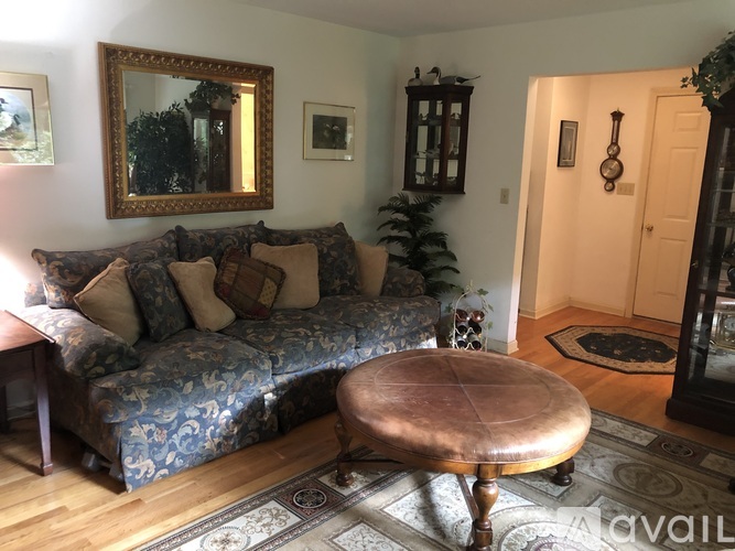 A living room with a blue patterned couch and a wooden coffee table.
