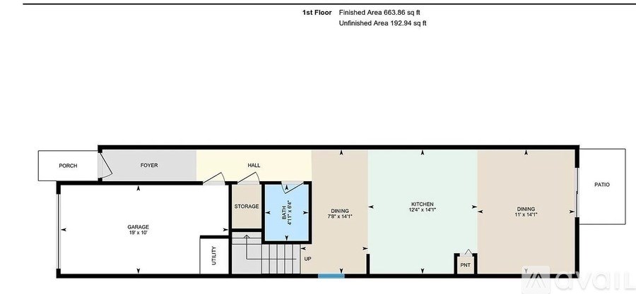 A floor plan of a house with a porch, foyer, and a hall.
