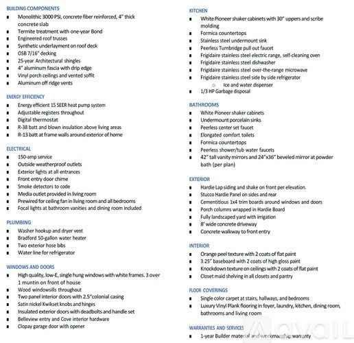 A list of building components, kitchen, bathrooms, electrical, plumbing, windows and doors, floor coverings, warranties and services are listed.