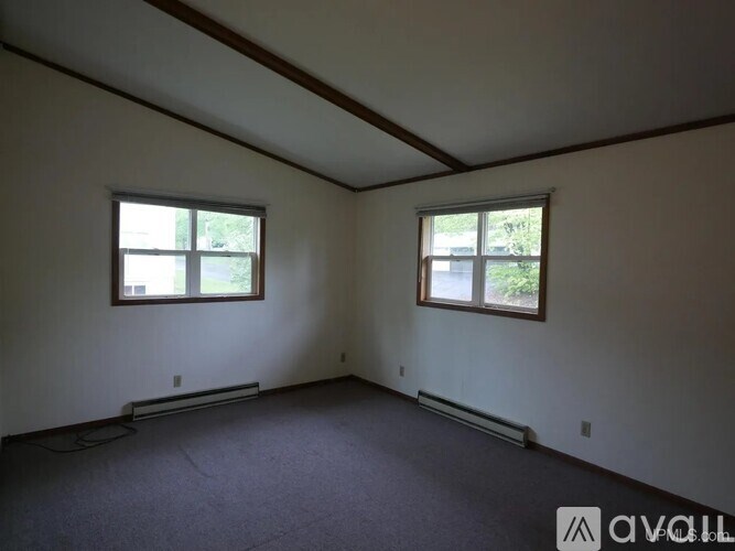 A room with two windows and carpeted floor.