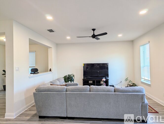 A living room with a grey couch and a television.