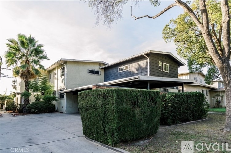 A house with a grey roof and a white wall is surrounded by greenery.