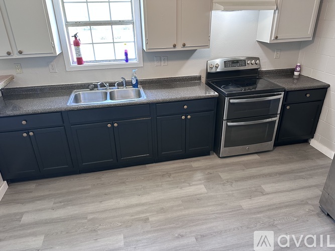 A kitchen with a sink, stove, and cabinets.