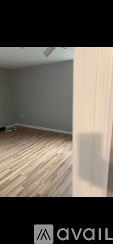 A room with wooden flooring and a white door.