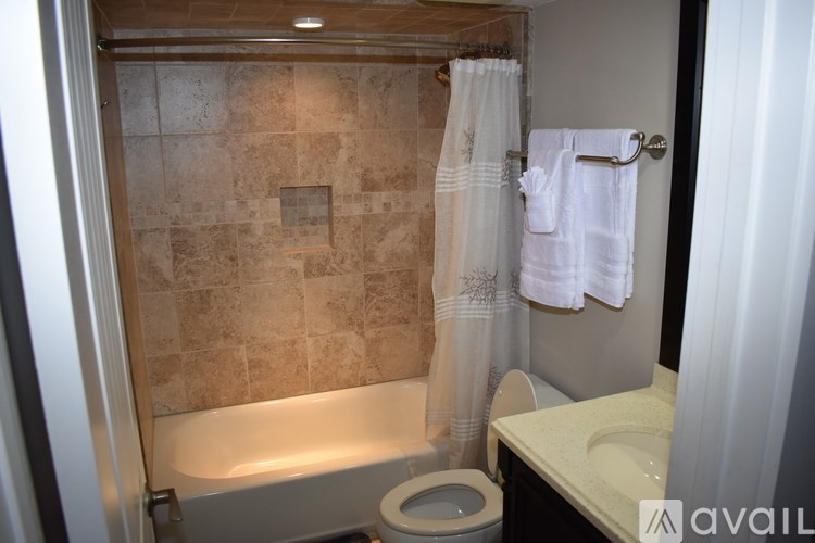 A bathroom with a tiled shower and a toilet.