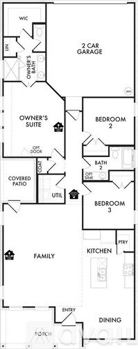 A floor plan of a house with a garage, three bedrooms, a family room, a kitchen, a dining area, and a covered patio.