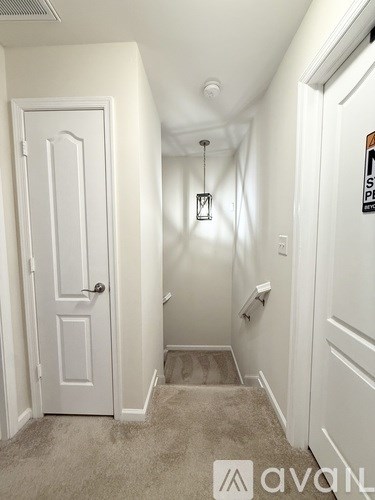 A hallway with a carpeted floor and a white door on the left.
