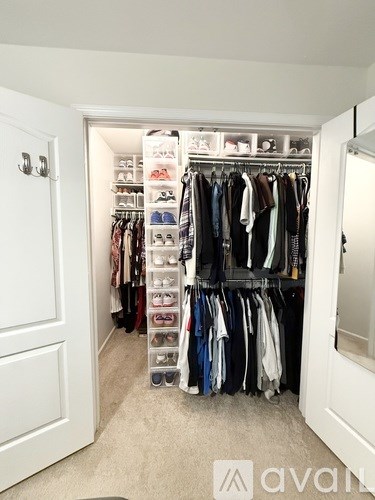 A white closet with clothes and shoes organized on shelves and hangers.