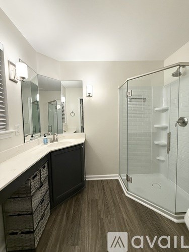 A bathroom with a walk-in shower and a vanity with a mirror.