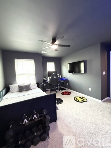A bedroom with a bed, a ceiling fan, and a TV.