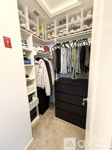 A walk in closet with clothes hanging and drawers.