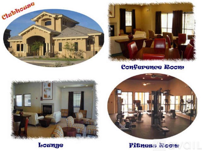 A picture of a clubhouse, lounge, conference room and fitness room.