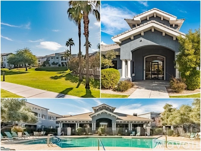 A collage of images showcasing a property with a pool, palm trees, and a unique architectural design.