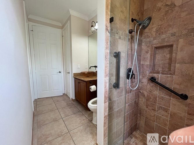 A bathroom with a tiled shower and a white door.