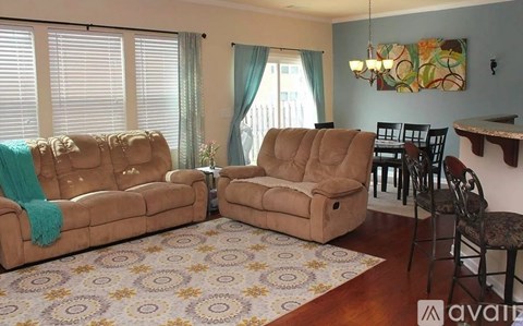 A living room with two couches and a rug.