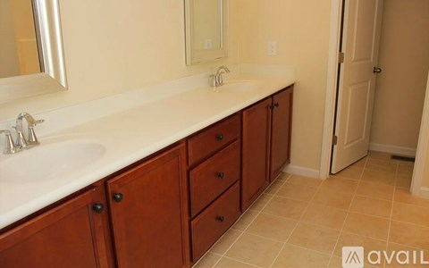 A bathroom with a sink, mirror, and wooden cabinets.
