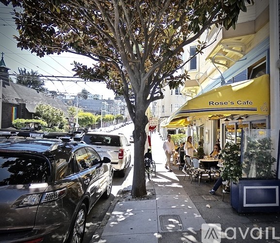 A tree in front of Rose's Cafe with cars parked on the side of the street.