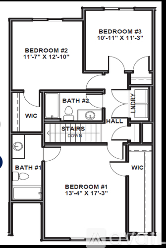 A floor plan of a home with three bedrooms, two bathrooms, a hall, and a workspace.