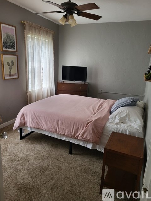 A bedroom with a bed, a ceiling fan, and a television.