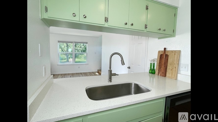 A kitchen with green cabinets and a stainless steel sink.