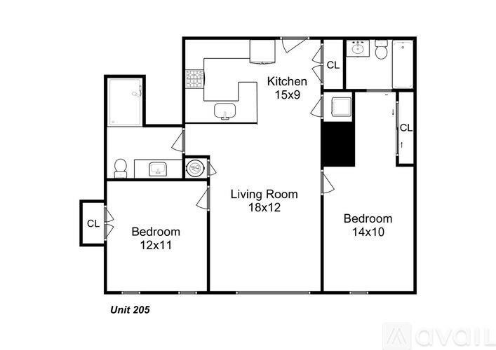 A floor plan of a unit with a living room, kitchen, and two bedrooms.
