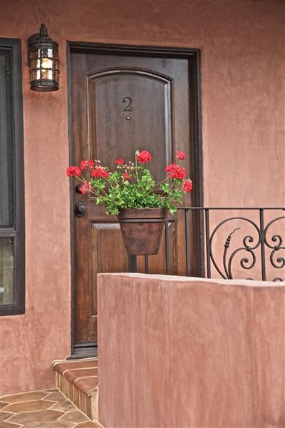 a brown door with a pot of red flowers