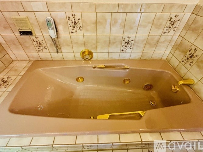 A bathtub with a gold faucet and a gold shower head.