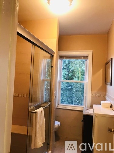 A bathroom with a towel hanging on a glass door.